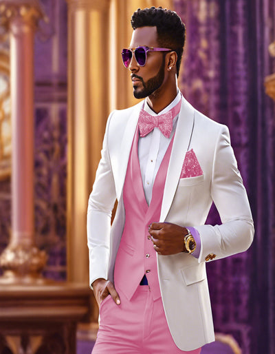 White and Light Pink Tuxedo Wedding Suit - White Dinner Jacket + Vest + Pants + Bow-tie 1   - from alligatorwarehouse.com