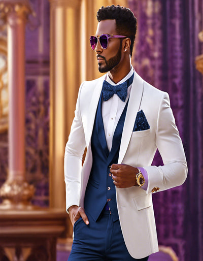 White and Navy Blue Tuxedo Wedding Suit - White Dinner Jacket + Vest + Pants + Bow-tie 1   - from alligatorwarehouse.com