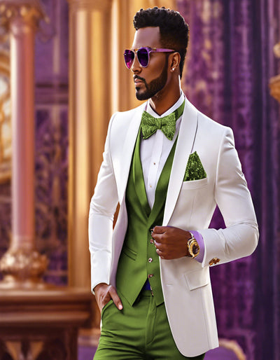 White and Olive Green Tuxedo Wedding Suit - White Dinner Jacket + Vest + Pants + Bow-tie 1   - from alligatorwarehouse.com