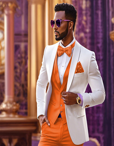 White and Orange Tuxedo Wedding Suit - White Dinner Jacket + Vest + Pants + Bow-tie 1   - from alligatorwarehouse.com