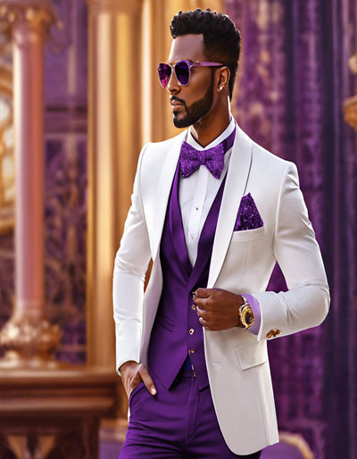 White and Purple Tuxedo Wedding Suit - White Dinner Jacket + Vest + Pants + Bow-tie 1   - from alligatorwarehouse.com