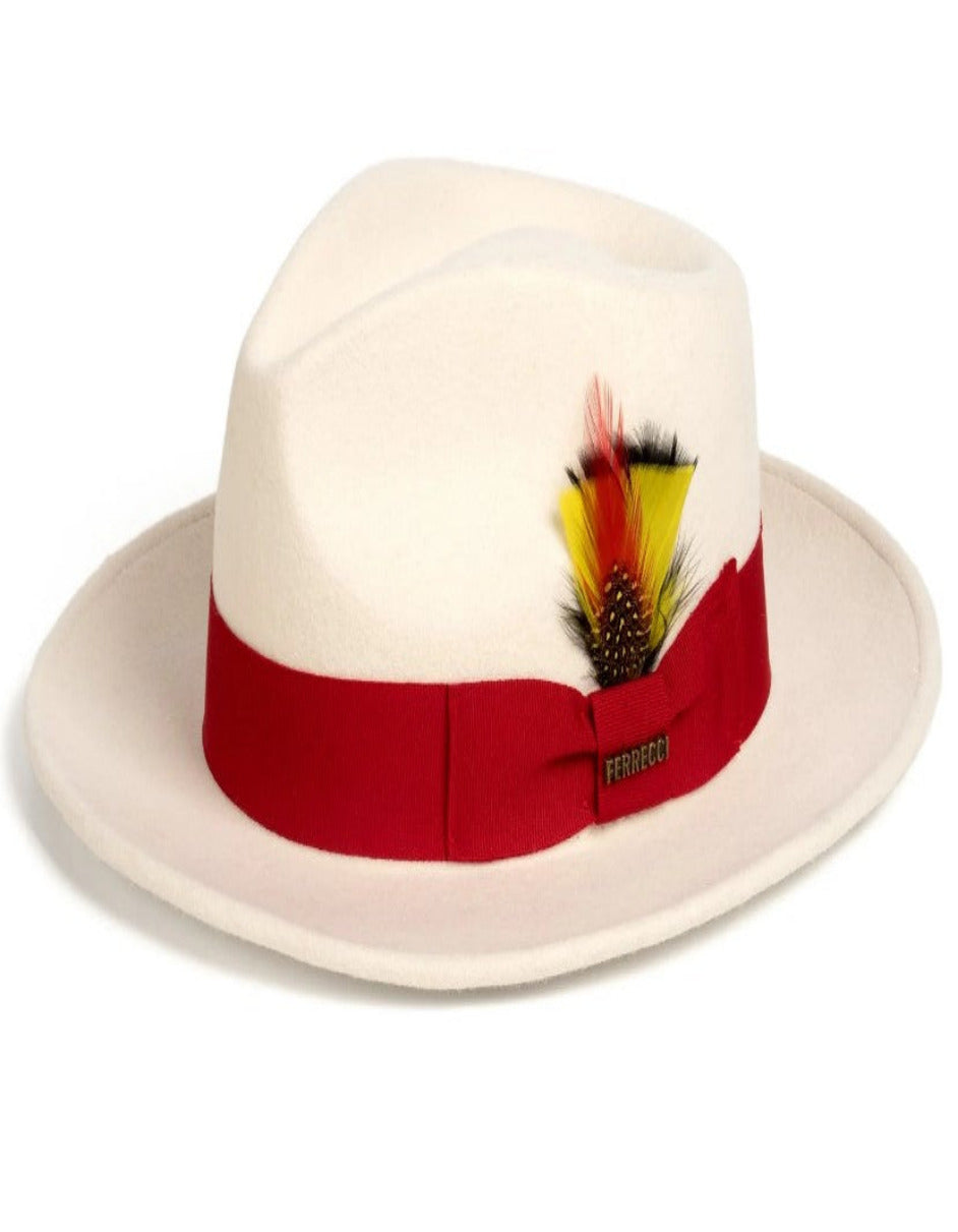 White and Red Dress Hat 1920s Fedora Style - Mens Classic Wool Fedora Dress Hat in White and Red