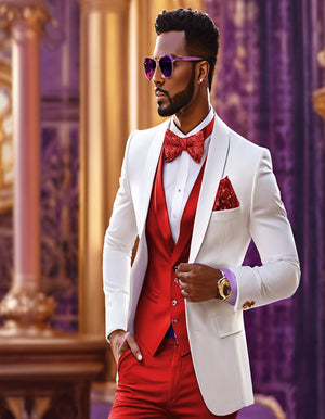 White and Red Tuxedo Wedding Suit - White Dinner Jacket + Vest + Pants + Bow-tie