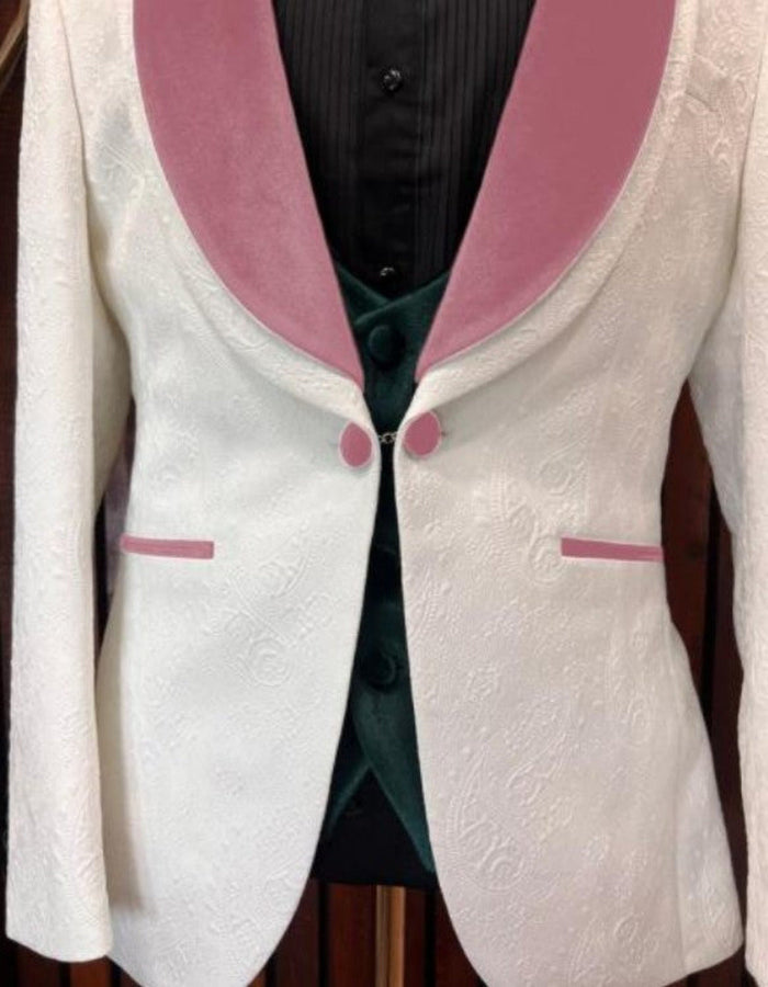 White and Rose Gold Tuxedo Suit - Wedding Groom Vested Suit