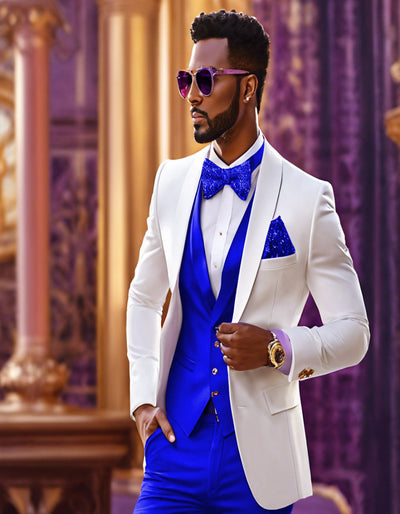 White and Royal Blue Tuxedo Wedding Suit - White Dinner Jacket + Vest + Pants + Bow-tie 1   - from alligatorwarehouse.com