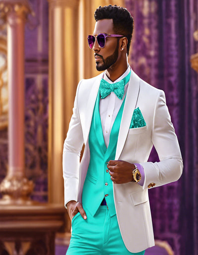 White and Turquoise Tuxedo Wedding Suit - White Dinner Jacket + Vest + Pants + Bow-tie 1   - from alligatorwarehouse.com