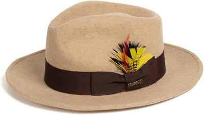 Gangster 100% Austrailian Wool Crushable Mens Fedora Hat - Removable Feather Gangster Beige Melange Mens Fedora Hat 1   - from alligatorwarehouse.com
