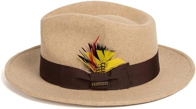 Gangster 100% Austrailian Wool Crushable Mens Fedora Hat - Removable Feather Gangster Beige Melange Mens Fedora Hat 3   - from alligatorwarehouse.com