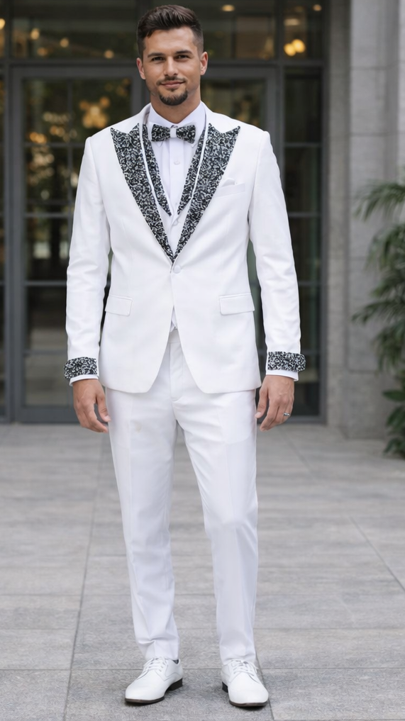 Elegant White Peak Lapel Tuxedo with Crystal Stones – 4-Piece Outfit