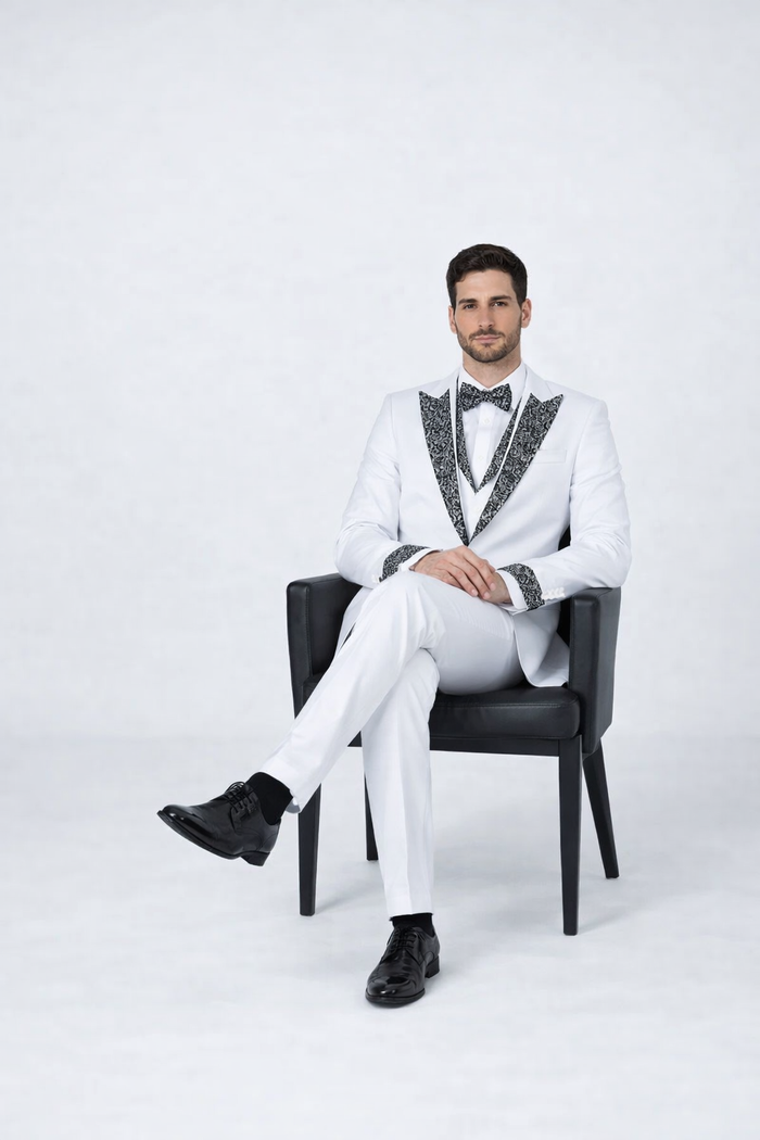 Elegant White Peak Lapel Tuxedo with Crystal Stones – 4-Piece Outfit