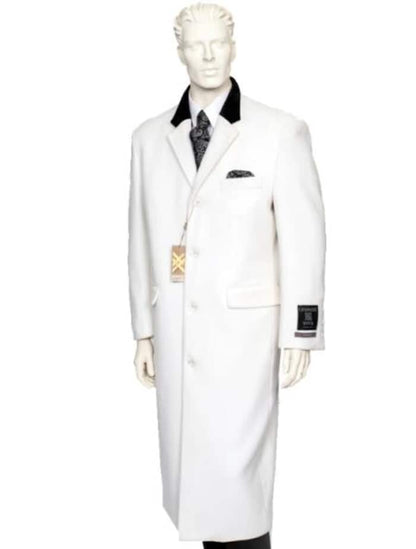 Men's White Cashmere Wool Chesterfield Full-Length Overcoat – Luxury Long Winter Dress Coat with Black Velvet Collar