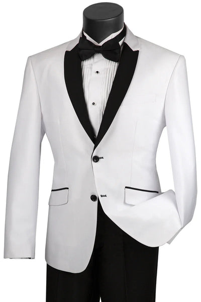 Mens 2 Buttton Slim Contrast Peak Lapel Side Vents Tuxedo in White 1   - from alligatorwarehouse.com