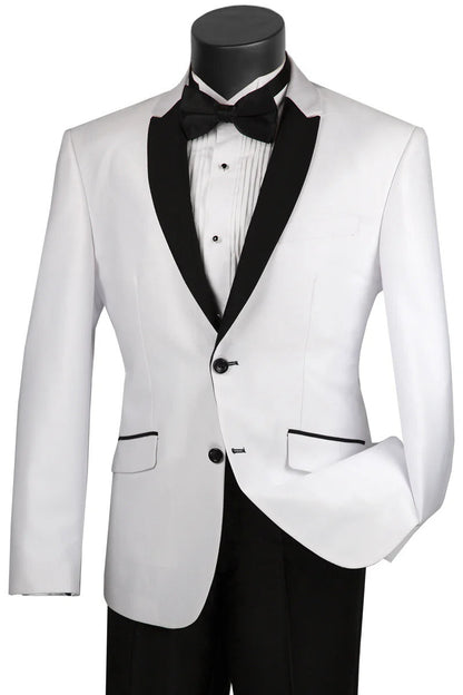 Mens 2 Buttton Slim Contrast Peak Lapel Side Vents Tuxedo in White