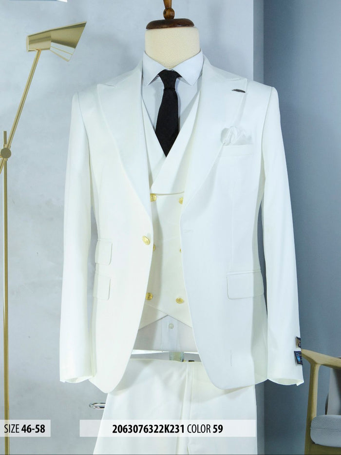Ivory and Gold Button Wedding Suit - Off White Cream Peak Lapel with Double breasted Vest