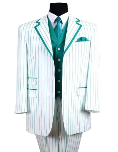 Pleated?ÿDress?ÿMen?ÿSuits - Mens 3 Button Vested Barbershop Quartet White with Turquoise Pinstripes Suit 1   - from alligatorwarehouse.com