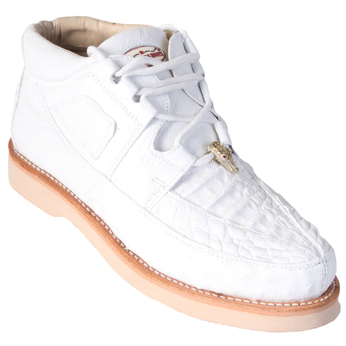 Men’s Los Altos White Caiman and Ostrich Skin Casual Sneakers, Exotic Lace Up Dress Shoes