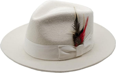 Gangster 100% Austrailian Wool Crushable Mens Fedora Hat - Removable Feather Gangster White Mens Fedora Hat 1   - from alligatorwarehouse.com