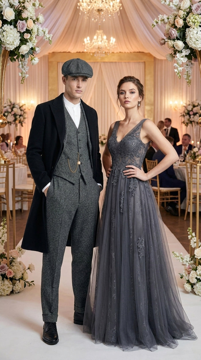 Men’s Grey Peaky Blinders 3 Piece Suit with Black Overcoat and Hat, Thomas Shelby Inspired Costume