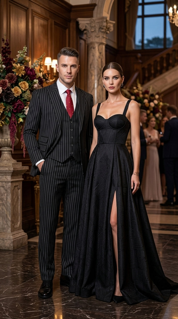 Men’s Black Bold Pinstripe 1920s Suit, Vintage 3 Piece Gangster Suit, Big and Tall Prom Outfit