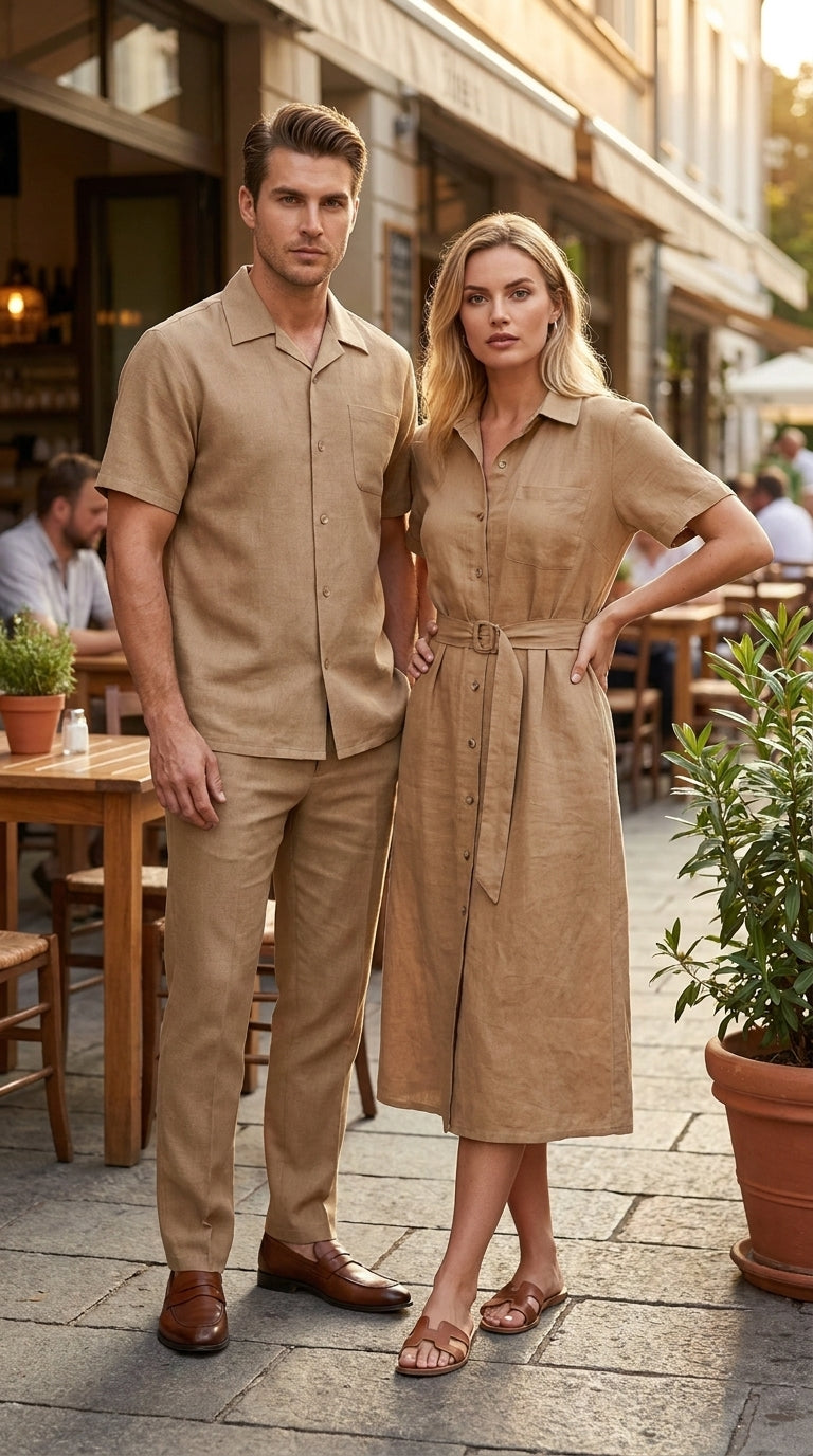 Men’s Tan Short Sleeve Walking Suit Casual Summer Leisure Set 2 Piece Shirt and Pants Outfit
