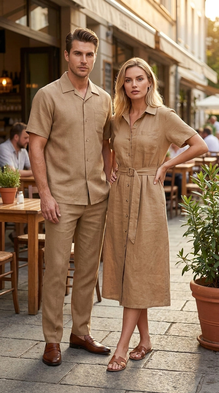 Men’s Tan Short Sleeve Walking Suit Casual Summer Leisure Set 2 Piece Shirt and Pants Outfit