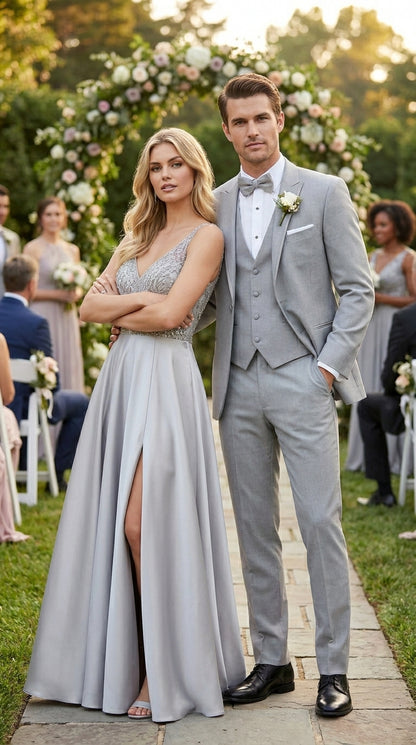 Men’s Light Grey Marseille 1 Button Peak Lapel Tuxedo with Satin Trim, Designer Wedding Suit