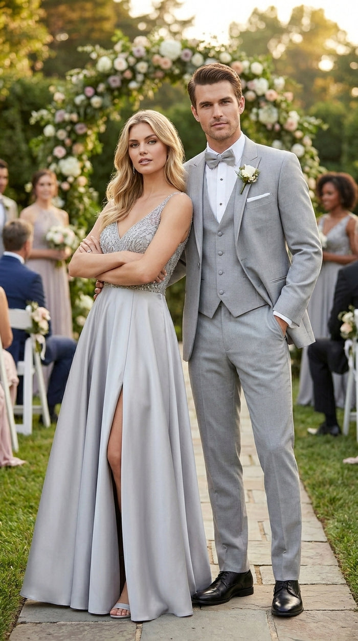 Men’s Light Grey Marseille 1 Button Peak Lapel Tuxedo with Satin Trim, Designer Wedding Suit