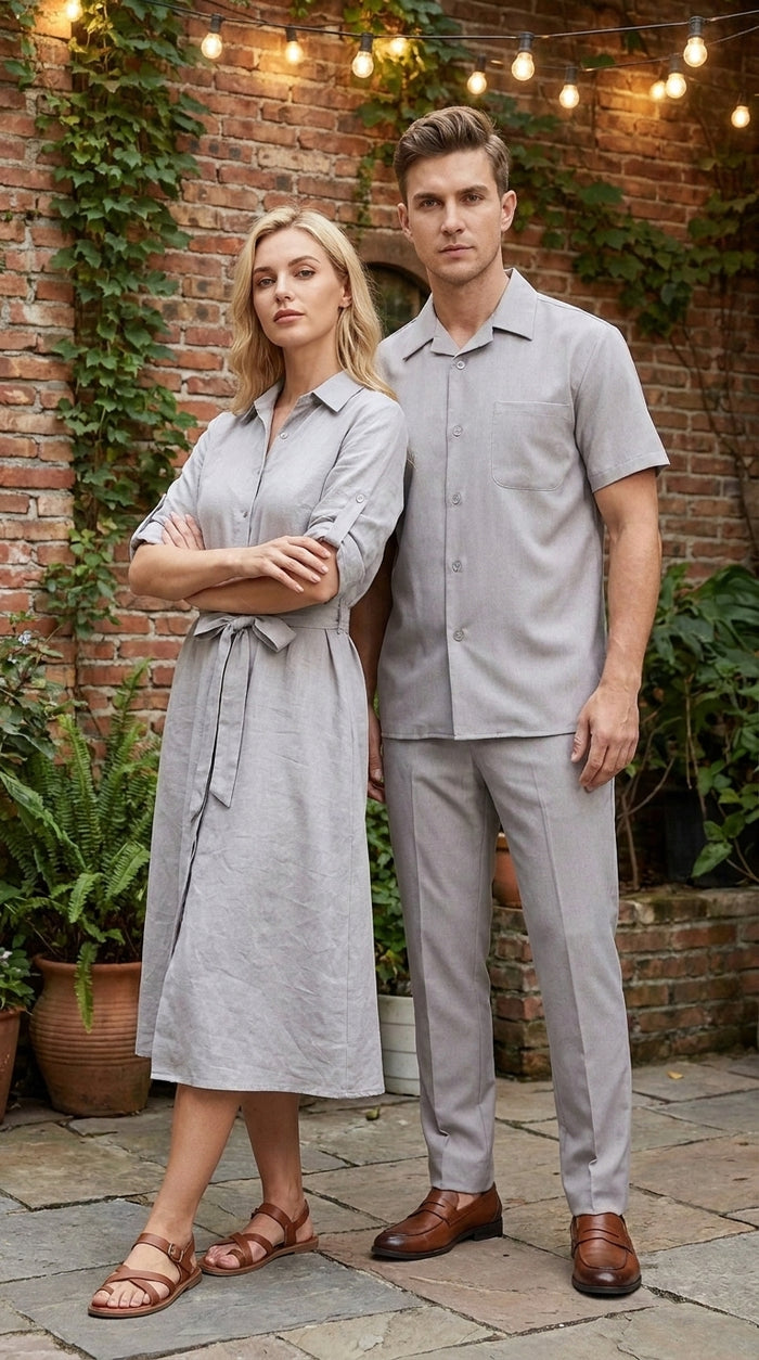 Men’s Light Grey 100% Linen Walking Suit, Short Sleeve Shirt and Pants Casual Leisure Set