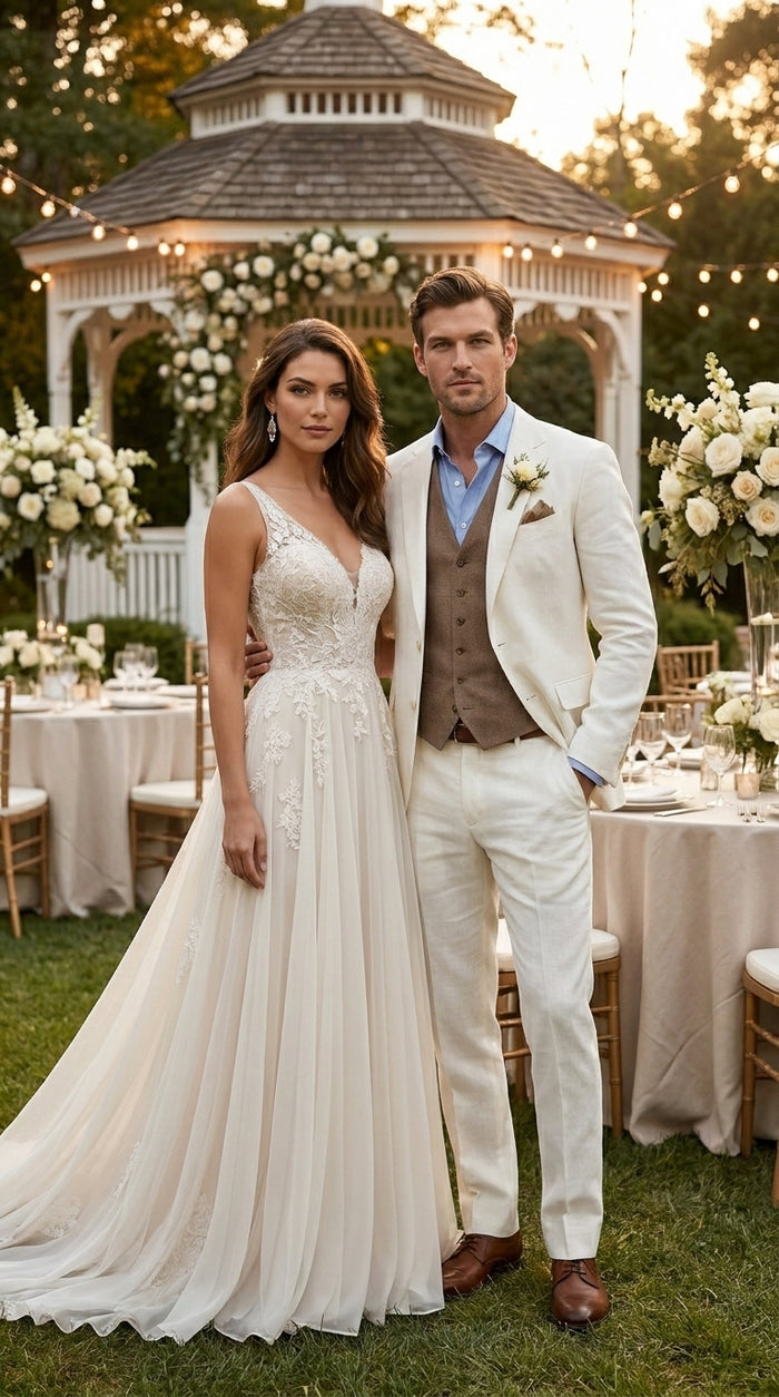 Men’s Ivory Great Gatsby Vested Suit with Brown Vest, Peak Lapel Vintage Wedding Suit