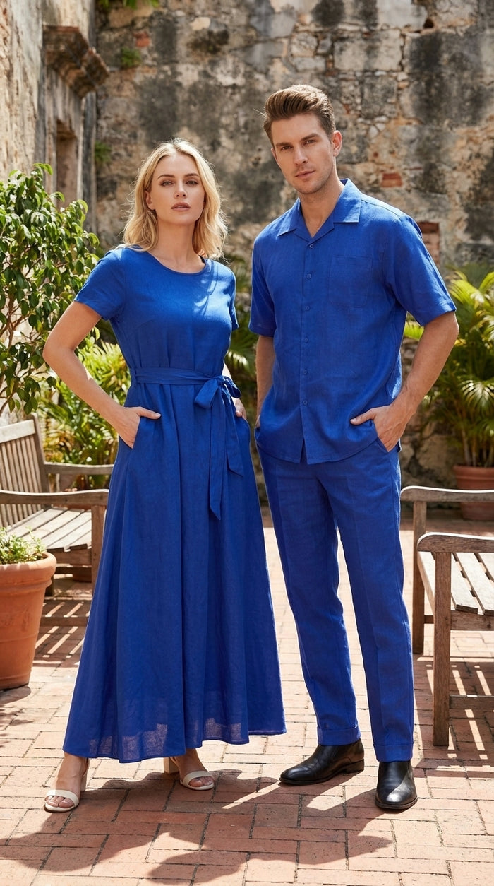 Men’s Royal Blue Linen Shirt and Pants Set, Casual Walking Suit Summer Outfit