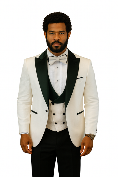 Hilton White and Black Paisley Peak Lapel Tuxedo Jacket with Matching Shawl Vest and Wool Pants – Includes Bow Tie 1   - from alligatorwarehouse.com