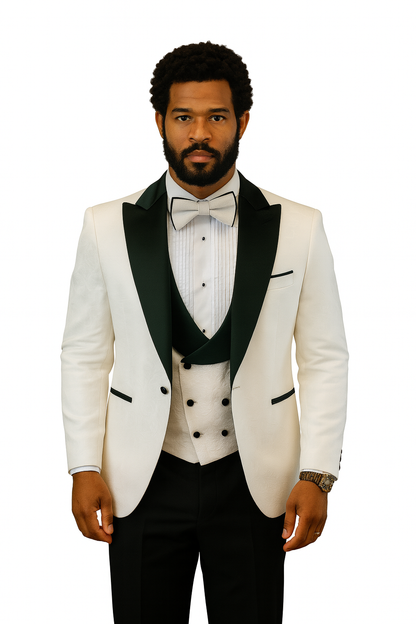 Hilton White and Black Paisley Peak Lapel Tuxedo Jacket with Matching Shawl Vest and Wool Pants – Includes Bow Tie