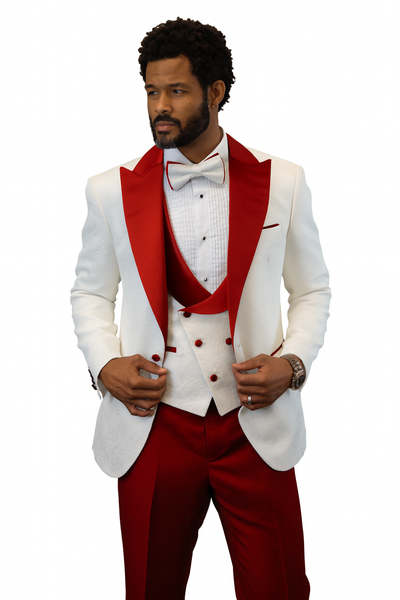 Hilton White and Red Paisley Peak Lapel Tuxedo Jacket with Matching Shawl Vest and Wool Pants – Includes Bow Tie 1   - from alligatorwarehouse.com