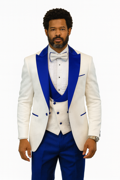 Hilton White and Royal Blue Paisley Peak Lapel Tuxedo Jacket with Matching Shawl Vest and Wool Pants – Includes Bow Tie 1   - from alligatorwarehouse.com
