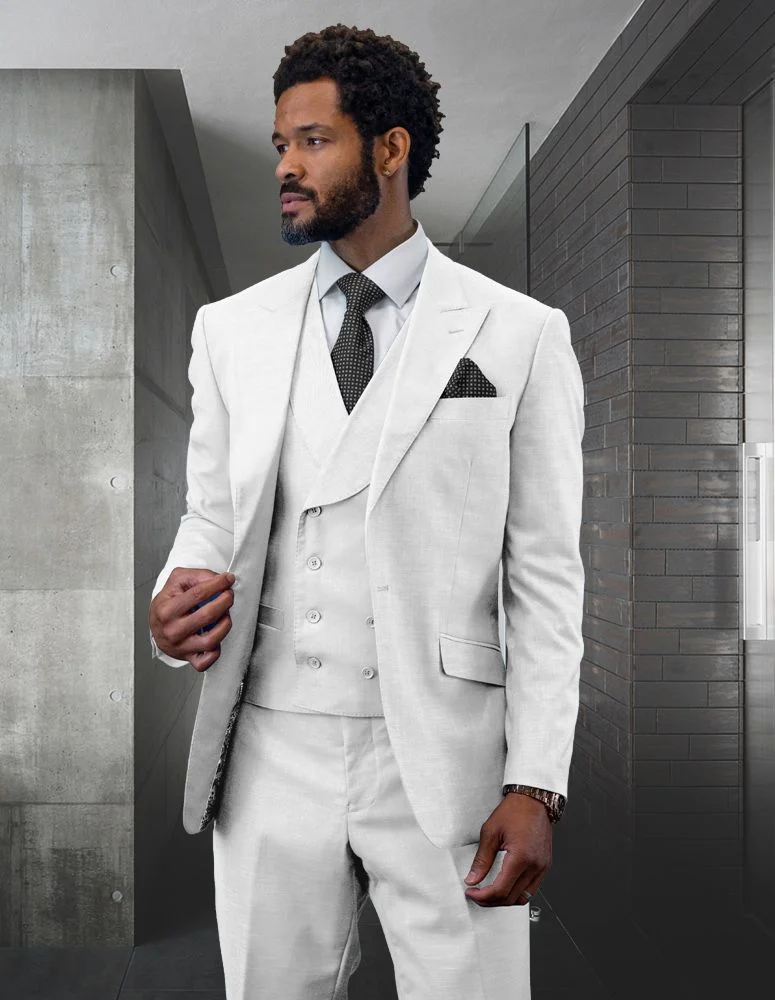 Ivory and Gold Button Wedding Suit - Off White Cream Peak Lapel with Double breasted Vest
