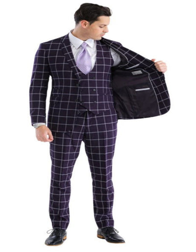 Mens Plaid Suit - Windowpane Pattern With Vest - Business Suit Burgundy 4   - from alligatorwarehouse.com