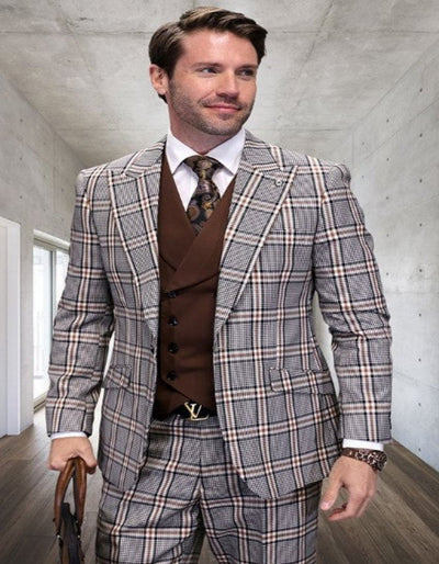 Tan Plaid Suit - Camel Khaki Color Windowpane Pattern Suit - Wool Suit - Double Breasted Vest Peak Lapel Side Vented Modern Fit 1   - from alligatorwarehouse.com