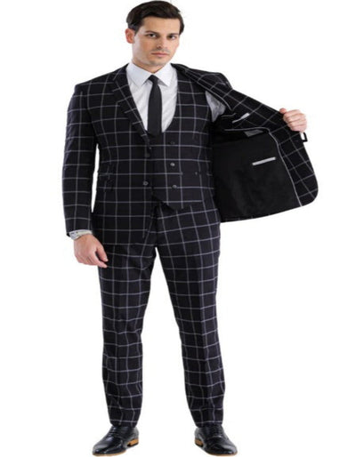 Mens Plaid Suit - Windowpane Pattern With Vest - Business Suit Black 2   - from alligatorwarehouse.com