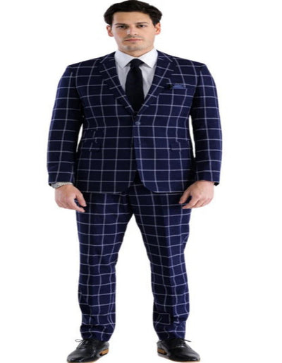 Mens Plaid Suit - Windowpane Pattern With Vest - Business Suit Navy 1   - from alligatorwarehouse.com