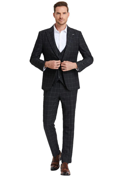 Men's One Button Peak Lapel Vested Bold Chalk Windowpane Plaid Suit In Black 2 G2-8902  - from alligatorwarehouse.com