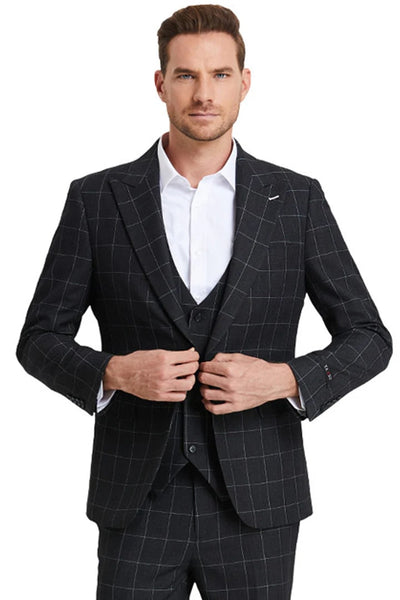 Men's One Button Peak Lapel Vested Bold Chalk Windowpane Plaid Suit In Black 1 G2-8902  - from alligatorwarehouse.com