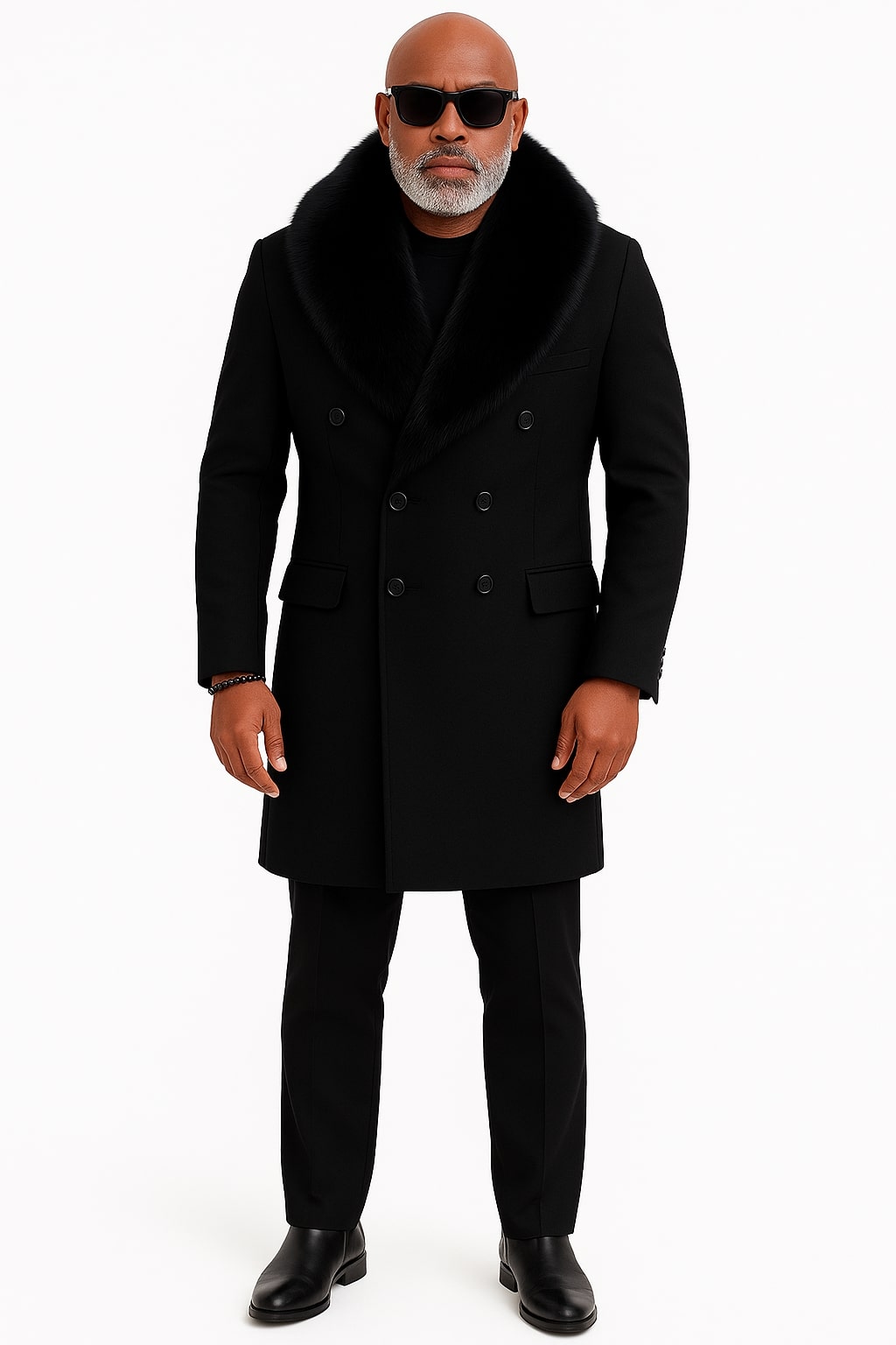 Mens Black Double-Breasted Overcoat with Oversized Faux Fur Collar – Winter Luxury Coat