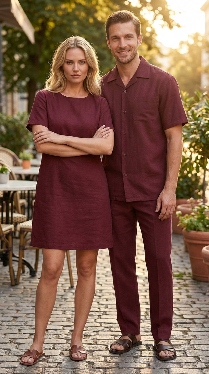 Men’s Burgundy Short Sleeve Walking Suit, Casual Summer Shirt and Pants Leisure Set