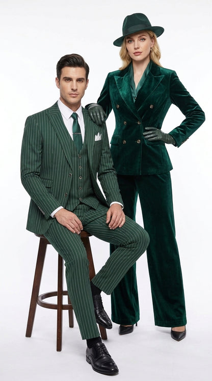 Men’s Hunter Green Great Gatsby Pinstripe Suit, 1920s Gangster 3 Piece Formal Outfit