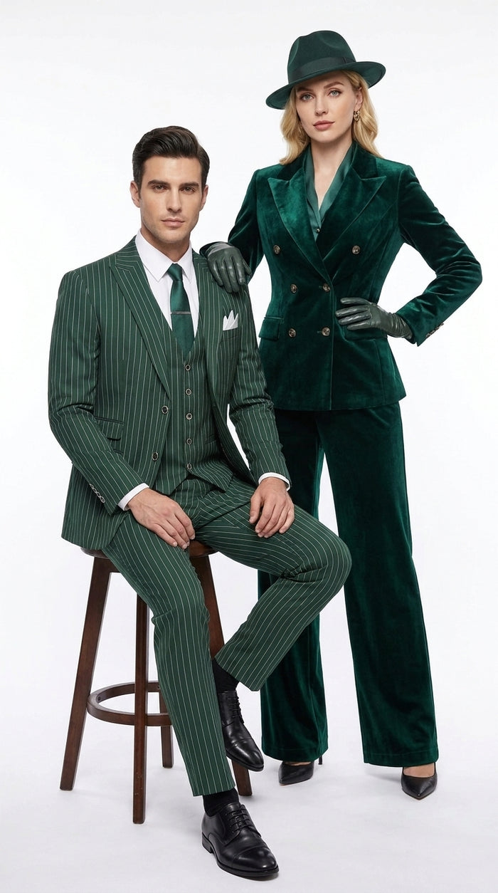 Men’s Hunter Green Great Gatsby Pinstripe Suit, 1920s Gangster 3 Piece Formal Outfit