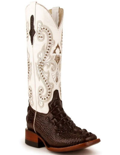 Ferrini Women's Rancher Square Toe Boots Crocodile Print - Chocolate and White 5 90493-09-075-B  - from alligatorwarehouse.com