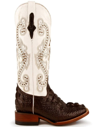 Ferrini Women's Rancher Square Toe Boots Crocodile Print - Chocolate and White 1 90493-09-075-B  - from alligatorwarehouse.com