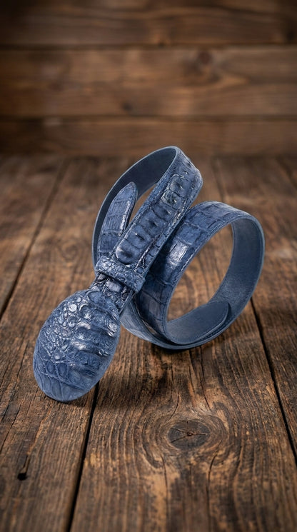 Men’s Navy Blue Caiman Crocodile Western Belt – Exotic Cowboy Belt with Matching Buckle Detail