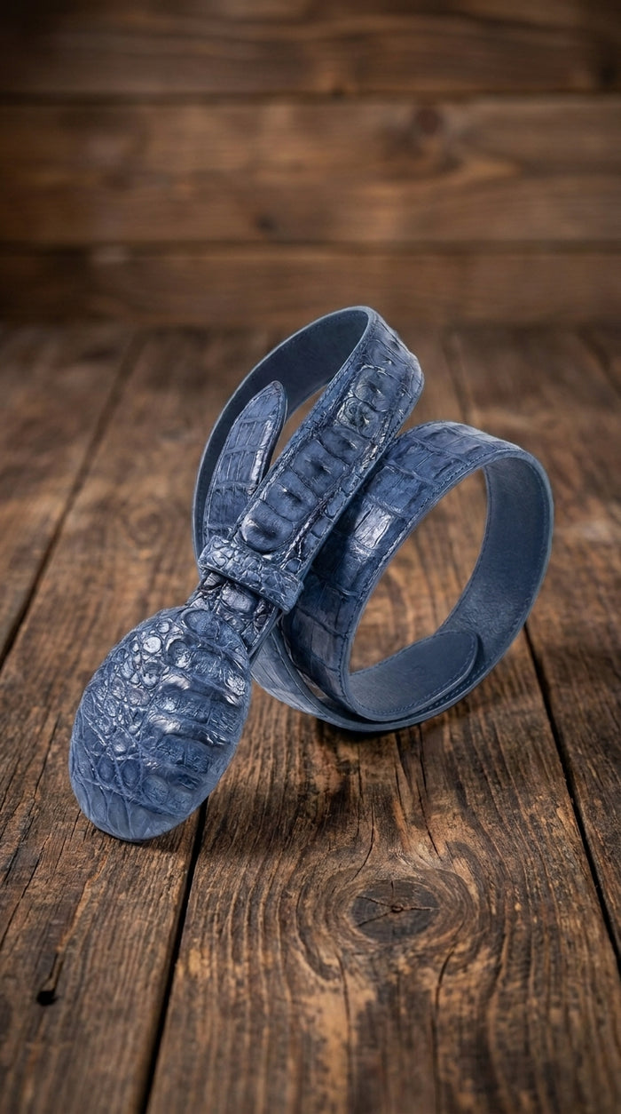 Men’s Navy Blue Caiman Crocodile Western Belt – Exotic Cowboy Belt with Matching Buckle Detail
