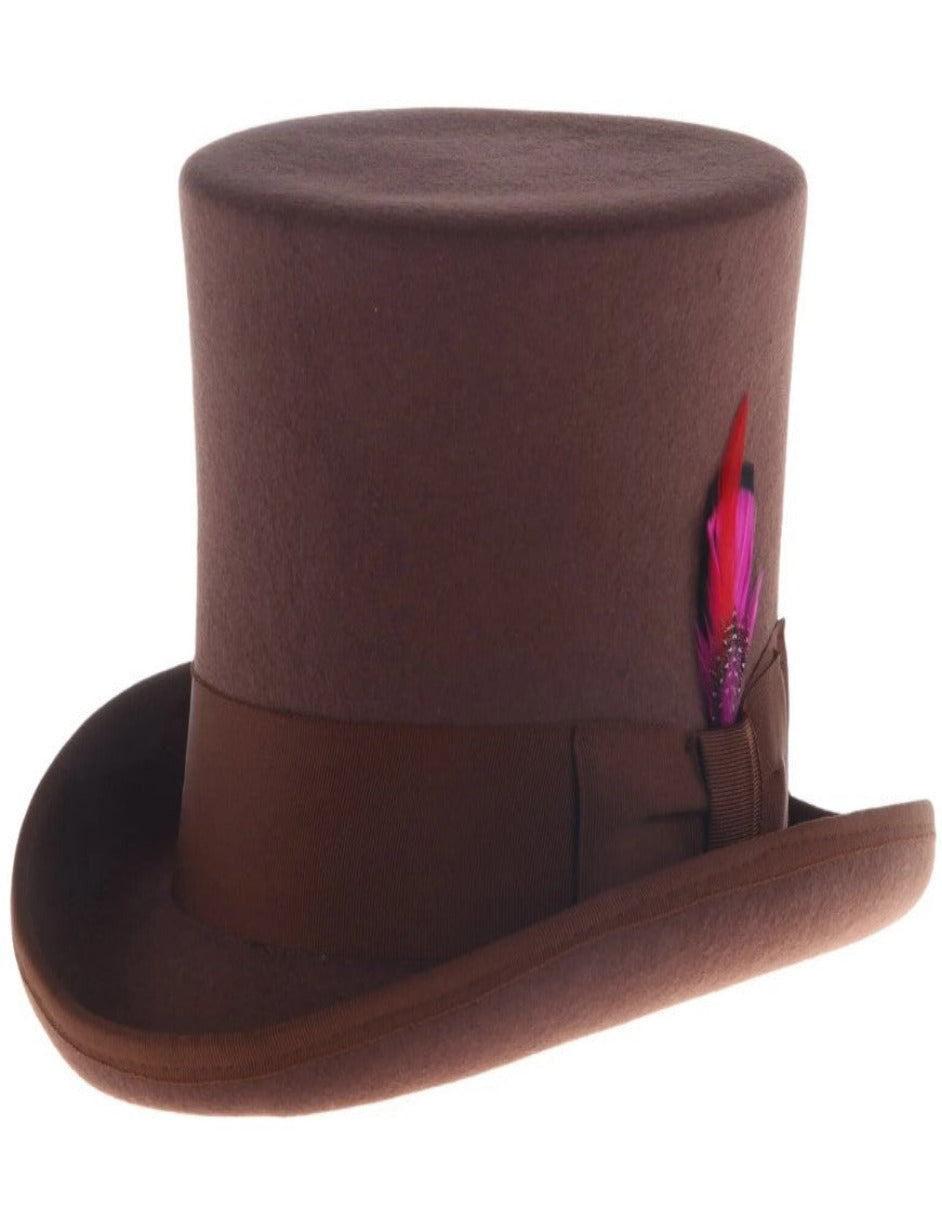 Brown Dress Hat 1920s Fedora Style - Men's Tall 100% Wool Dress Top Hat in Brown